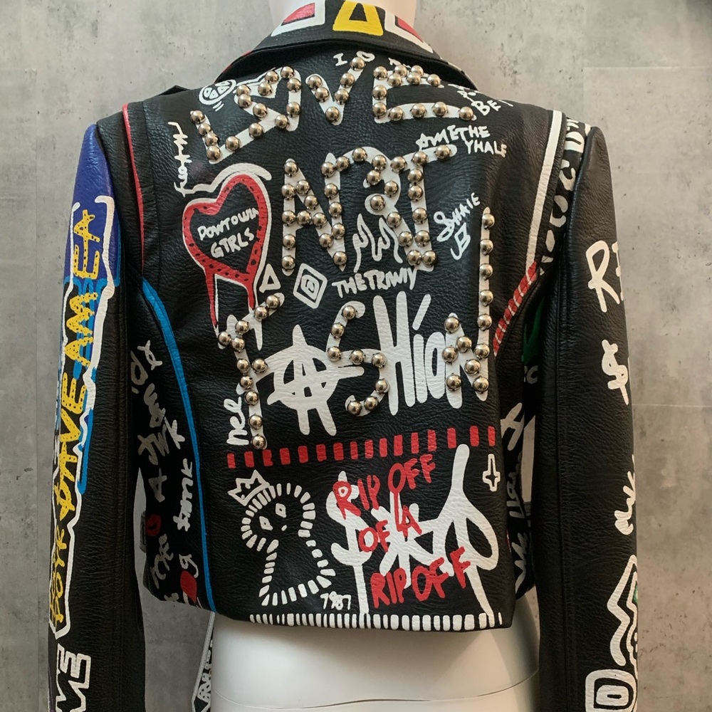 Genuine leather studded graffiti jacket